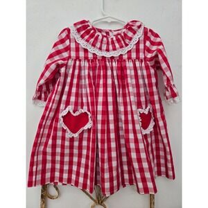 Shrimps & Grits Red Gingham Check Dress 3T Heart Pockets Lace Collar Long Sleeve